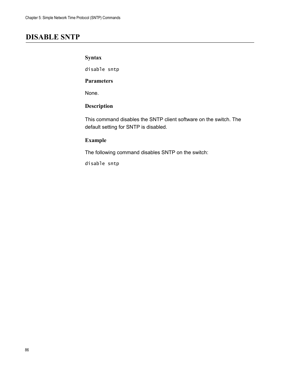 Disable sntp, Syntax, Parameters | Description, Example | Allied Telesis AT-S63 User Manual | Page 86 / 562