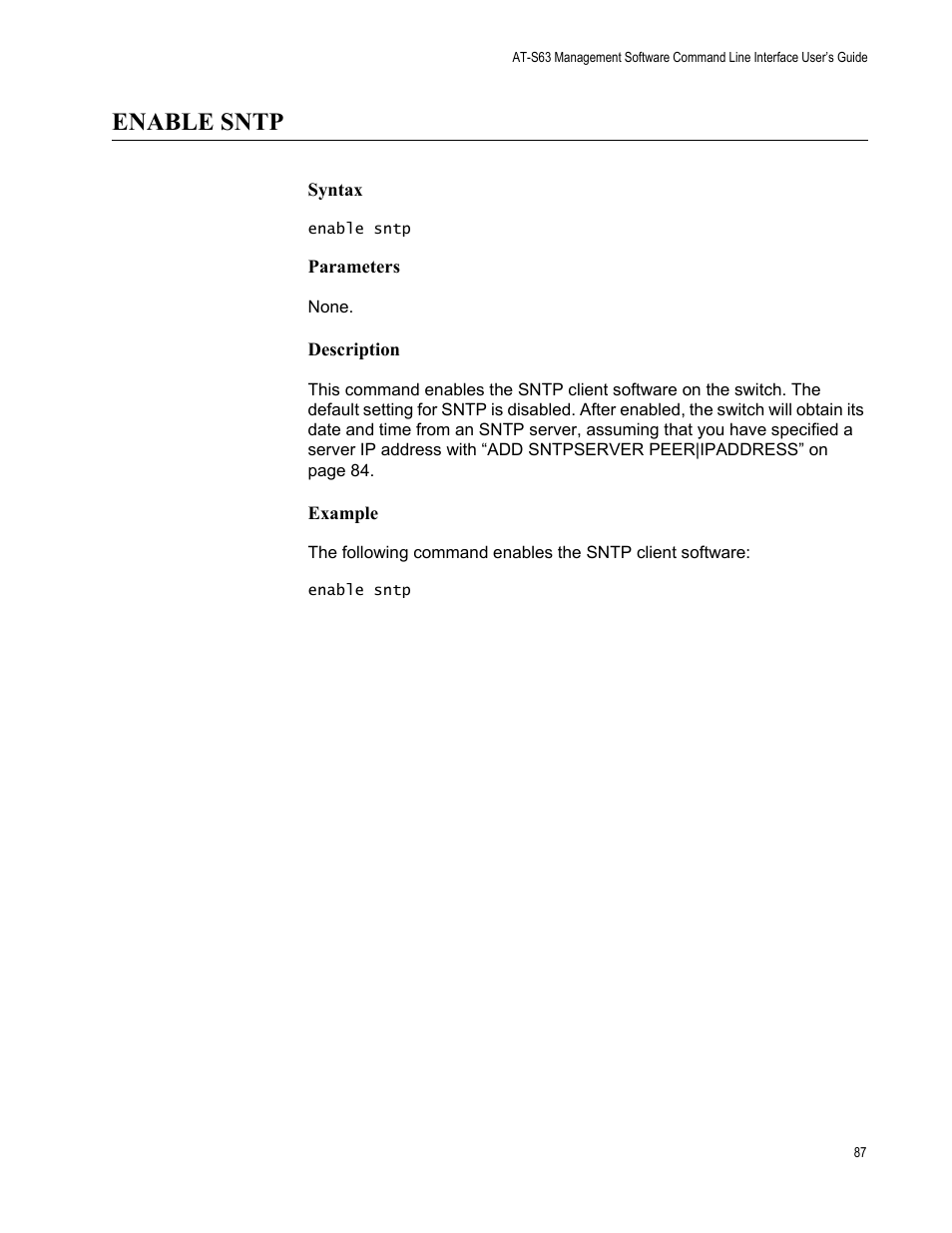 Enable sntp, Syntax, Parameters | Description, Example | Allied Telesis AT-S63 User Manual | Page 87 / 562