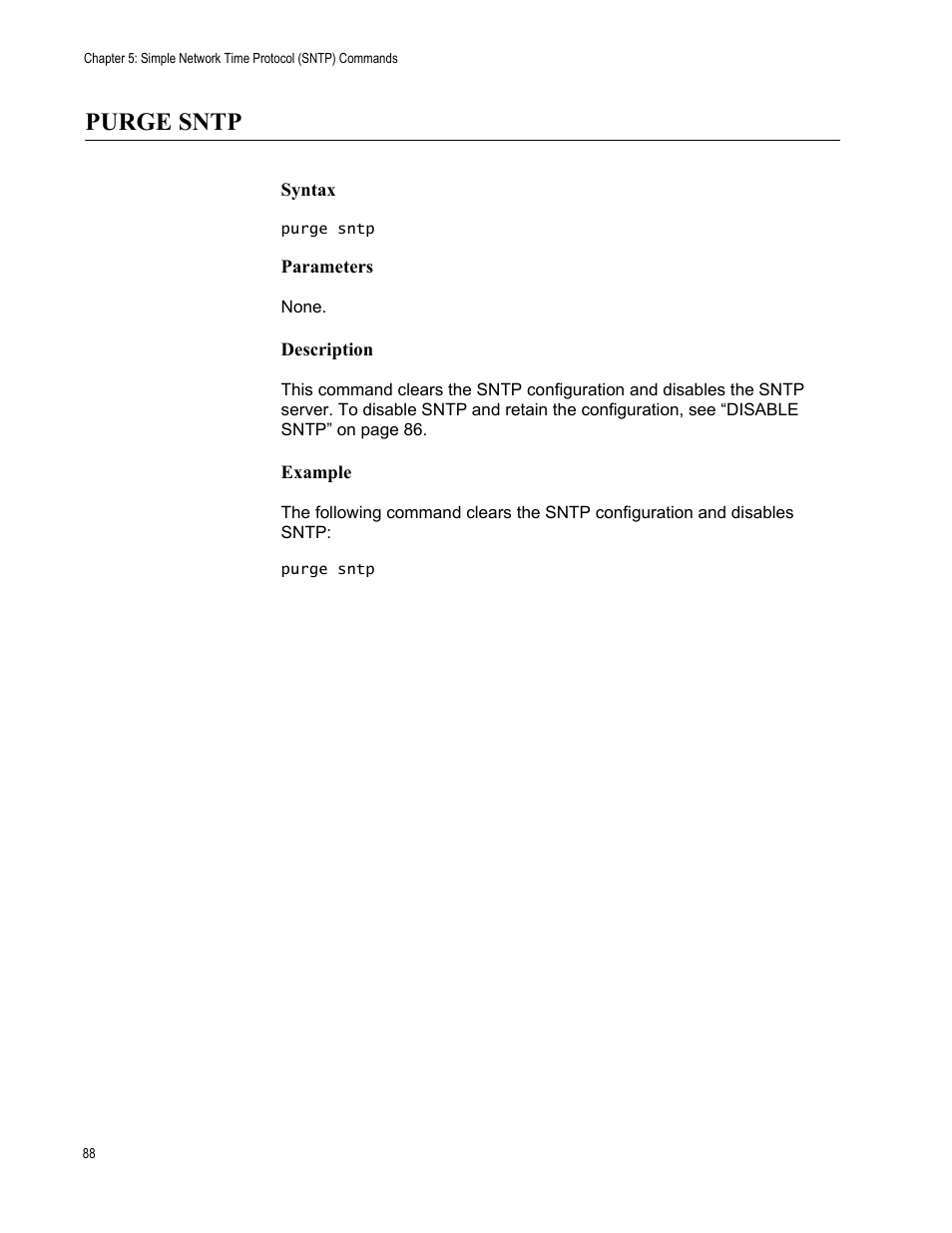 Purge sntp, Syntax, Parameters | Description, Example | Allied Telesis AT-S63 User Manual | Page 88 / 562