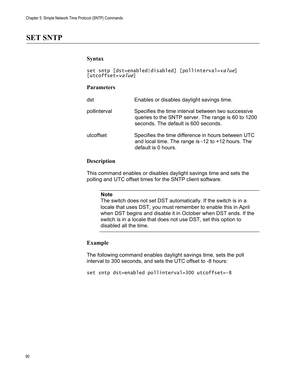 Set sntp, Syntax, Parameters | Description, Example | Allied Telesis AT-S63 User Manual | Page 90 / 562