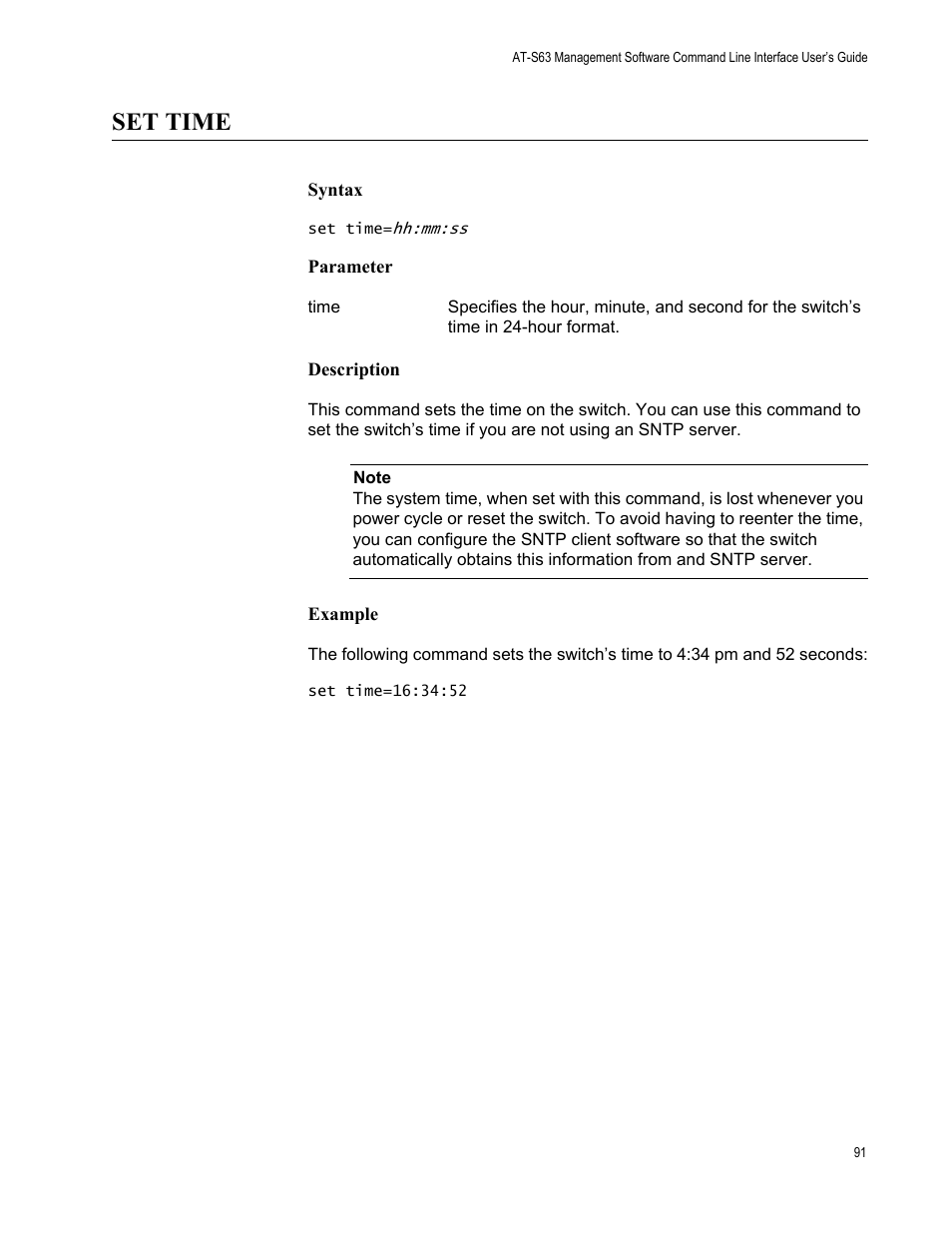 Set time, Syntax, Parameter | Description, Example | Allied Telesis AT-S63 User Manual | Page 91 / 562