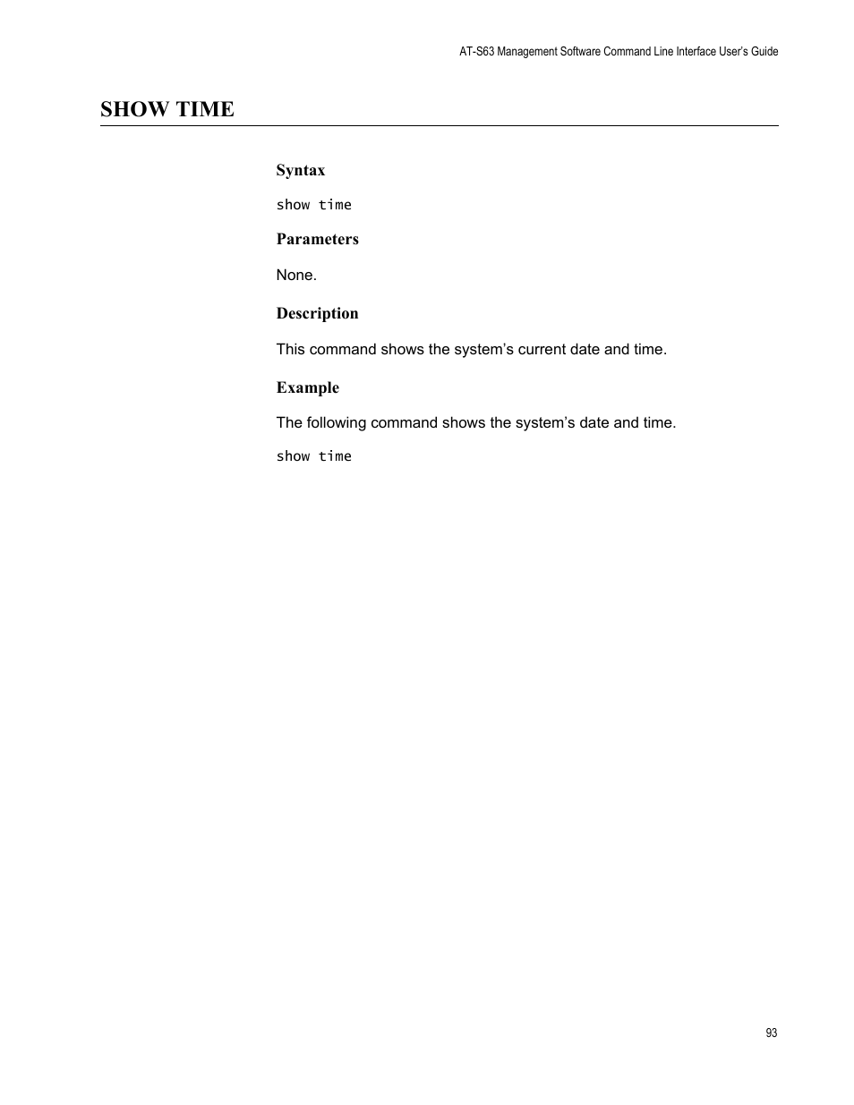 Show time, Syntax, Parameters | Description, Example | Allied Telesis AT-S63 User Manual | Page 93 / 562