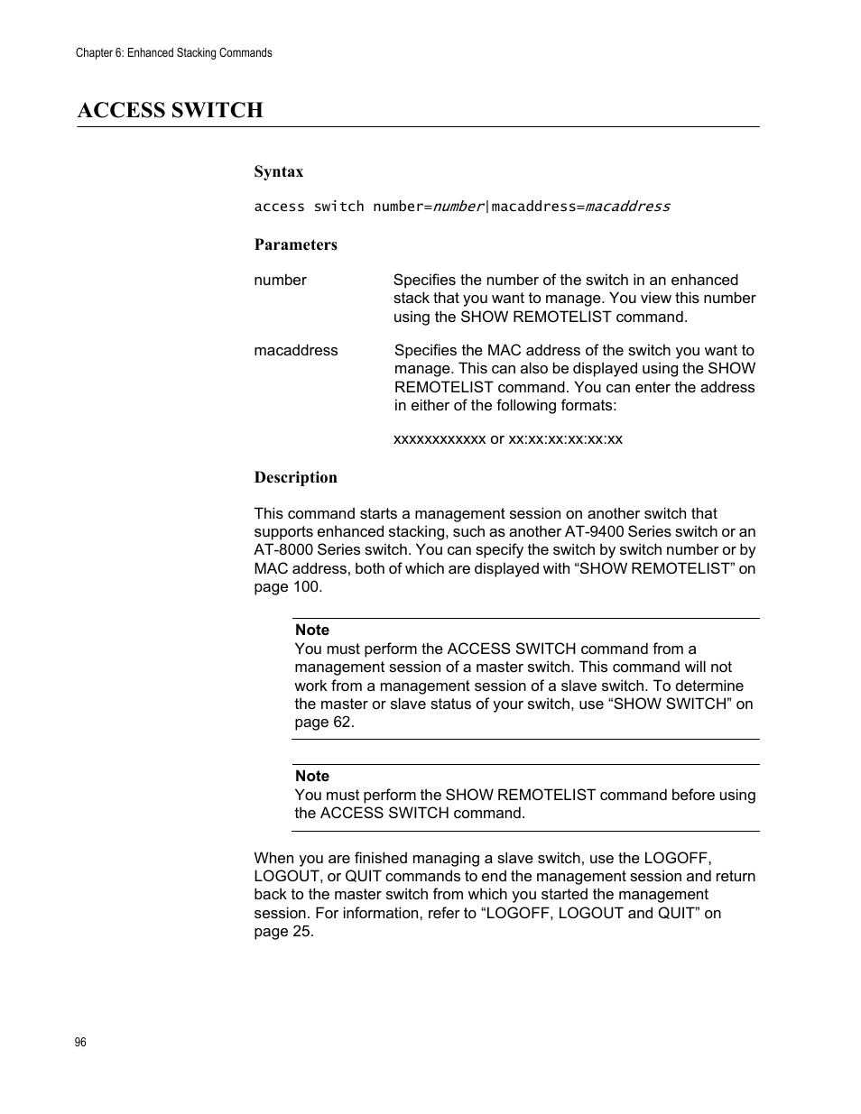 Access switch, Syntax, Parameters | Description | Allied Telesis AT-S63 User Manual | Page 96 / 562