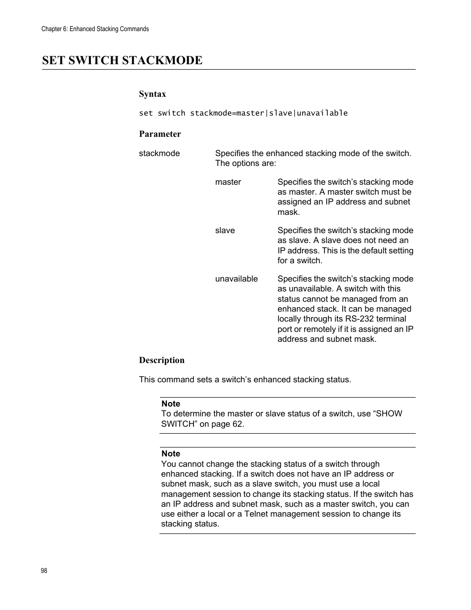 Set switch stackmode, Syntax, Parameter | Description | Allied Telesis AT-S63 User Manual | Page 98 / 562