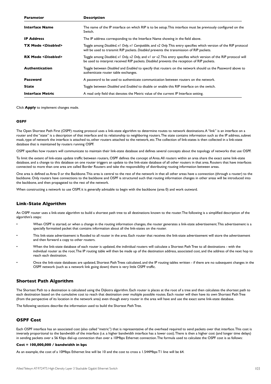 Link-state algorithm, Shortest path algorithm, Ospf cost | Allied Telesis AT-9724TS User Manual | Page 104 / 197