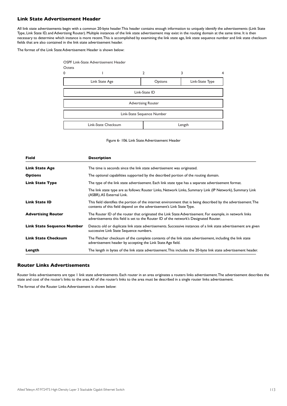 Link state advertisement header, Router links advertisements | Allied Telesis AT-9724TS User Manual | Page 114 / 197