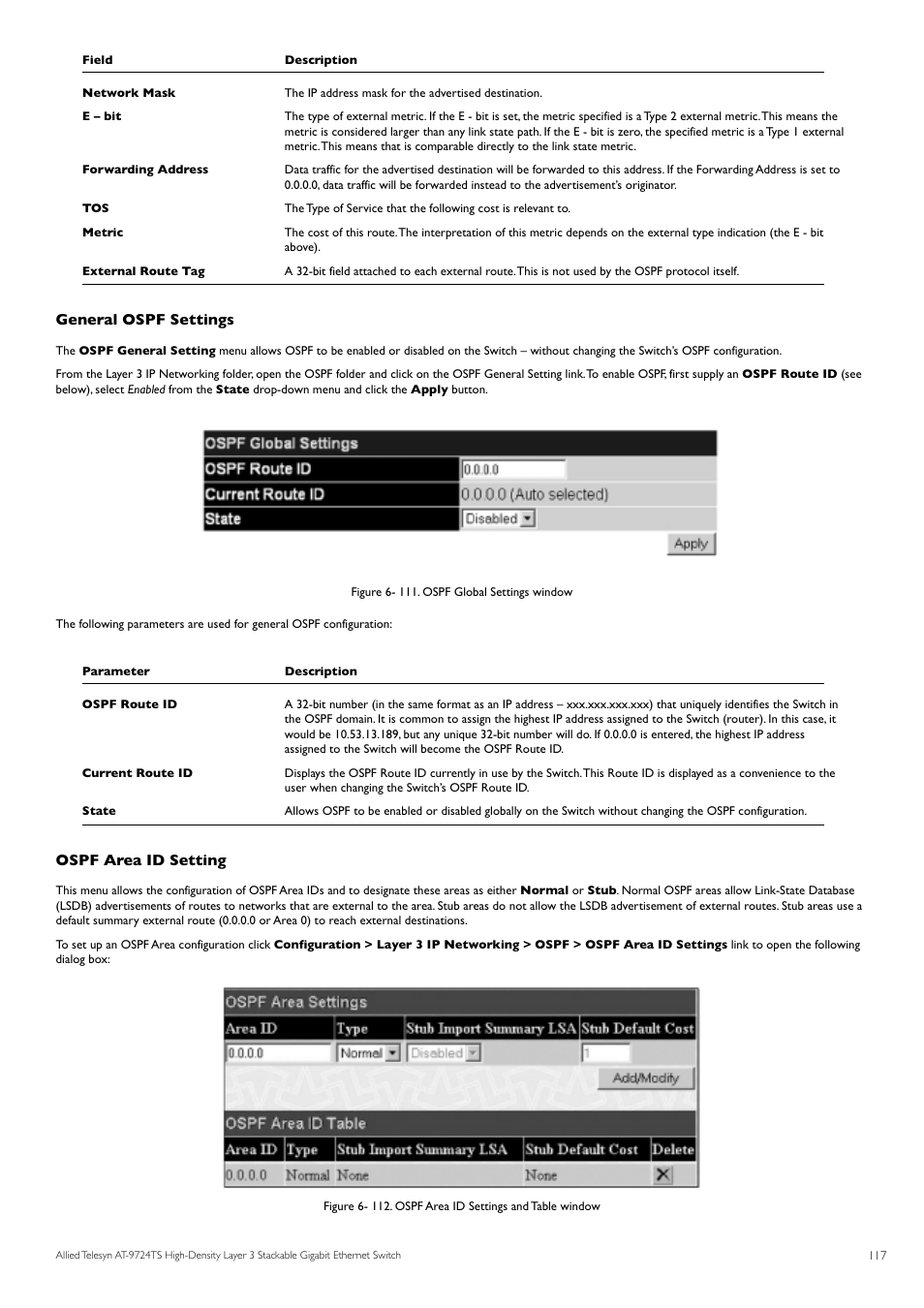 General ospf settings, Ospf area id setting | Allied Telesis AT-9724TS User Manual | Page 118 / 197