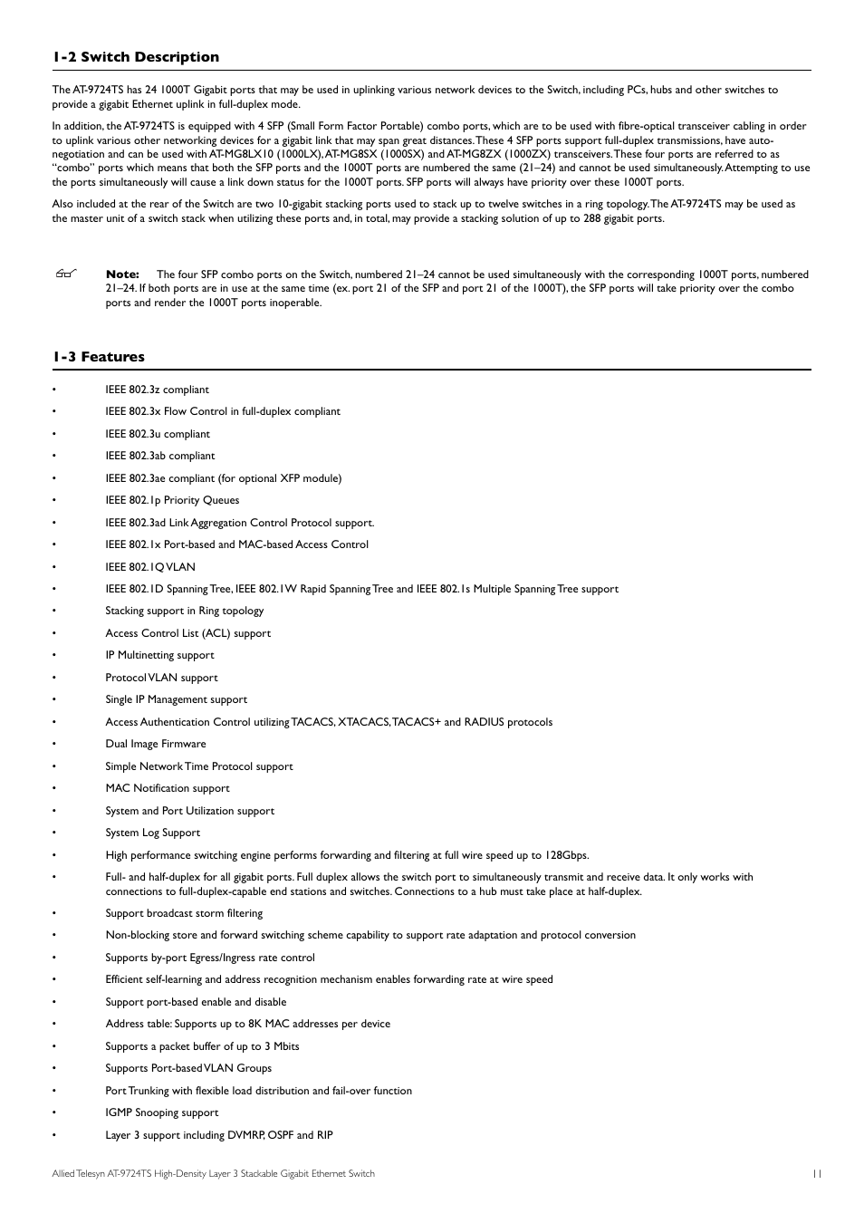 2 switch description, 3 features | Allied Telesis AT-9724TS User Manual | Page 12 / 197
