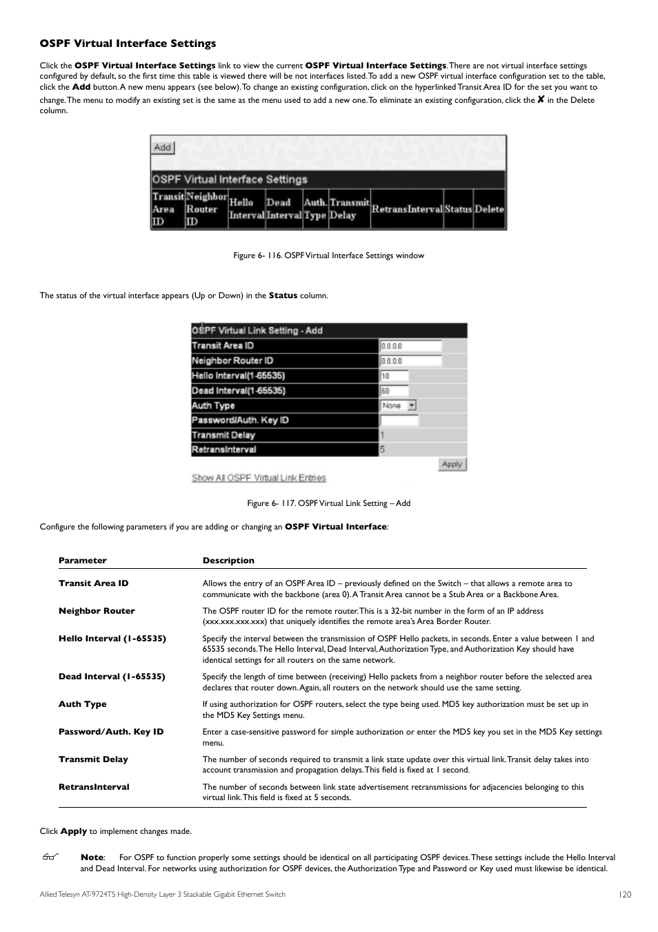 Ospf virtual interface settings | Allied Telesis AT-9724TS User Manual | Page 121 / 197