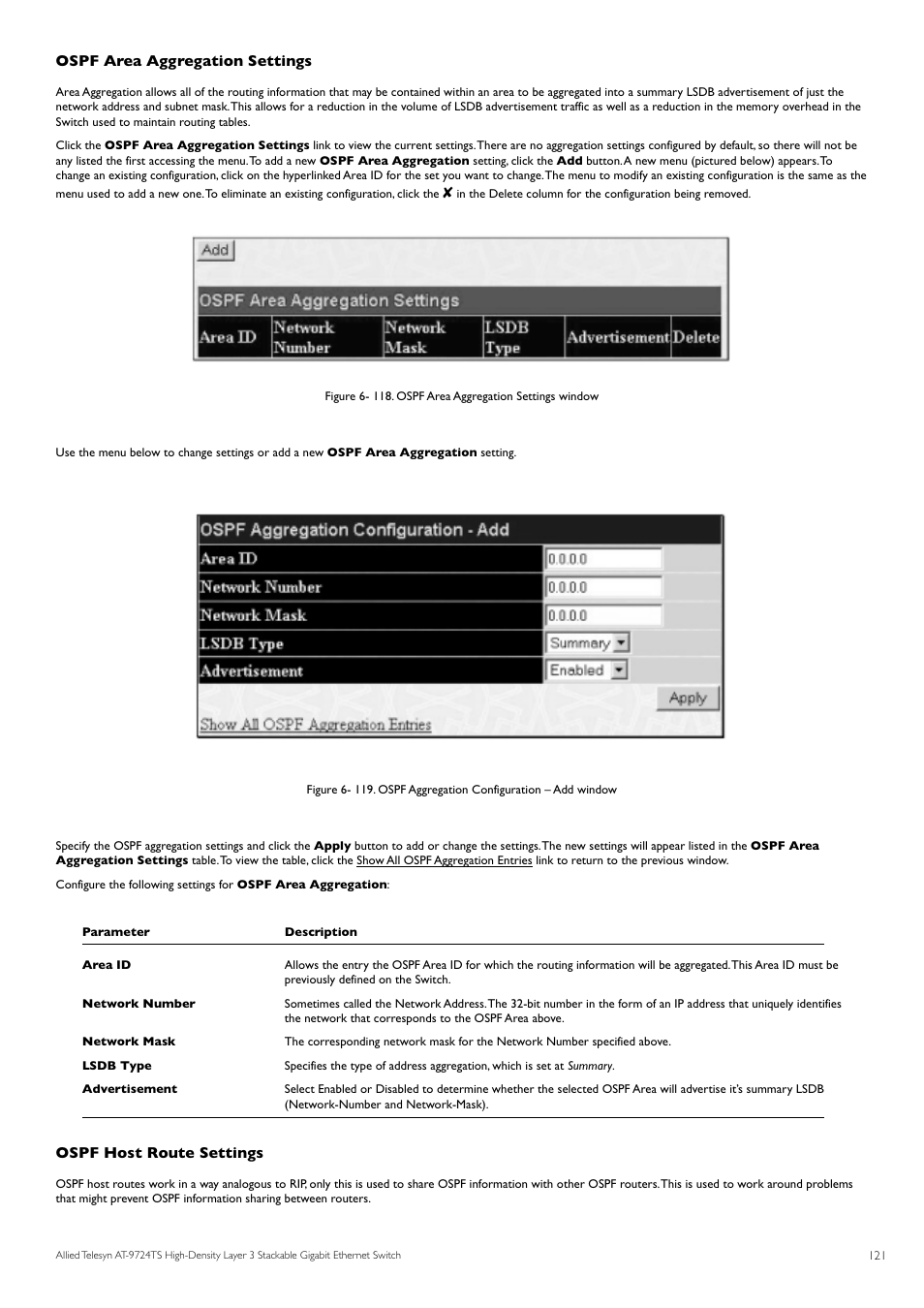 Ospf area aggregation settings, Ospf host route settings | Allied Telesis AT-9724TS User Manual | Page 122 / 197