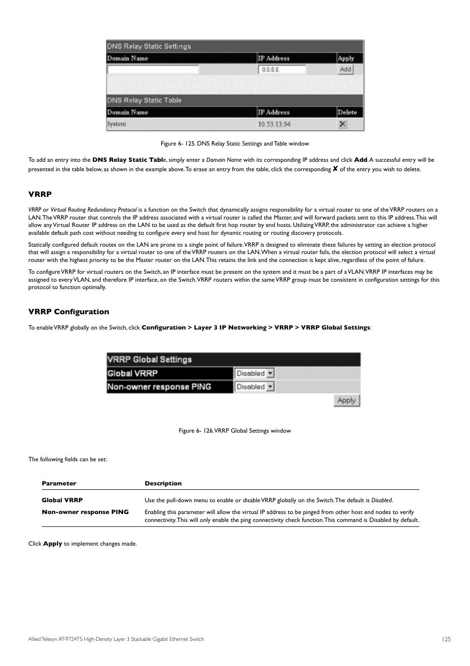 Vrrp, Vrrp configuration | Allied Telesis AT-9724TS User Manual | Page 126 / 197