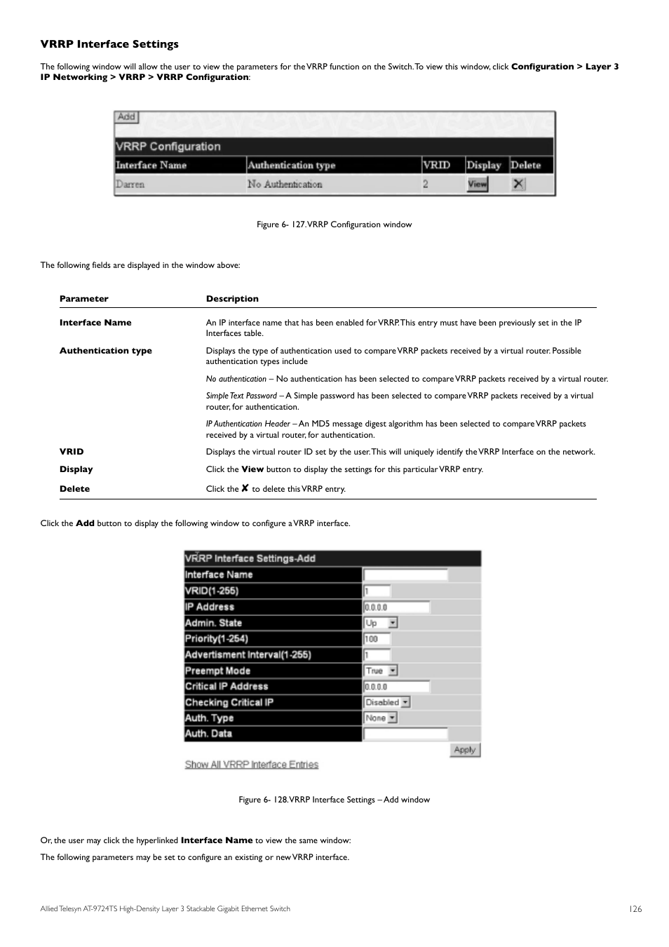 Vrrp interface settings | Allied Telesis AT-9724TS User Manual | Page 127 / 197