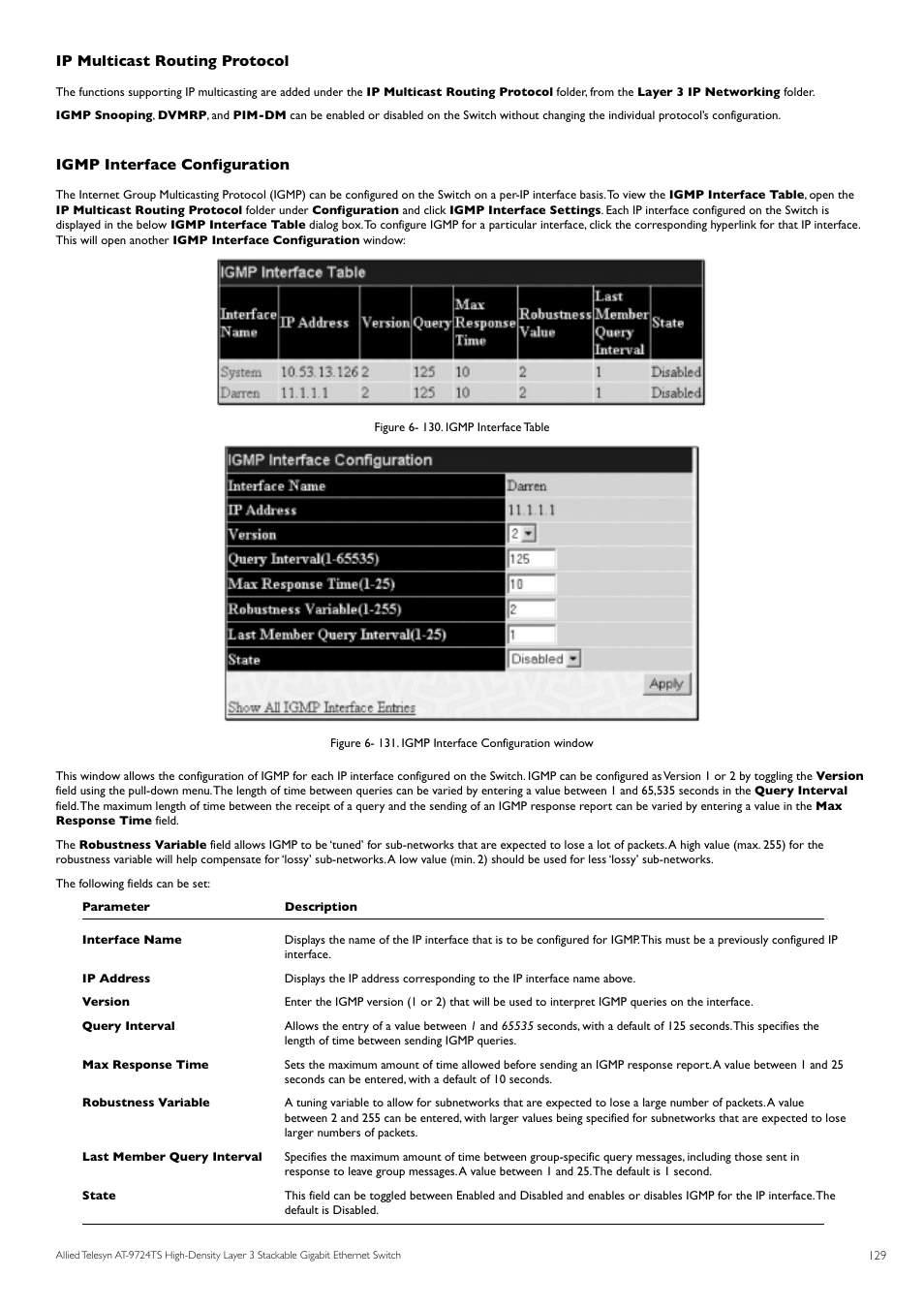 Ip multicast routing protocol, Igmp interface configuration | Allied Telesis AT-9724TS User Manual | Page 130 / 197