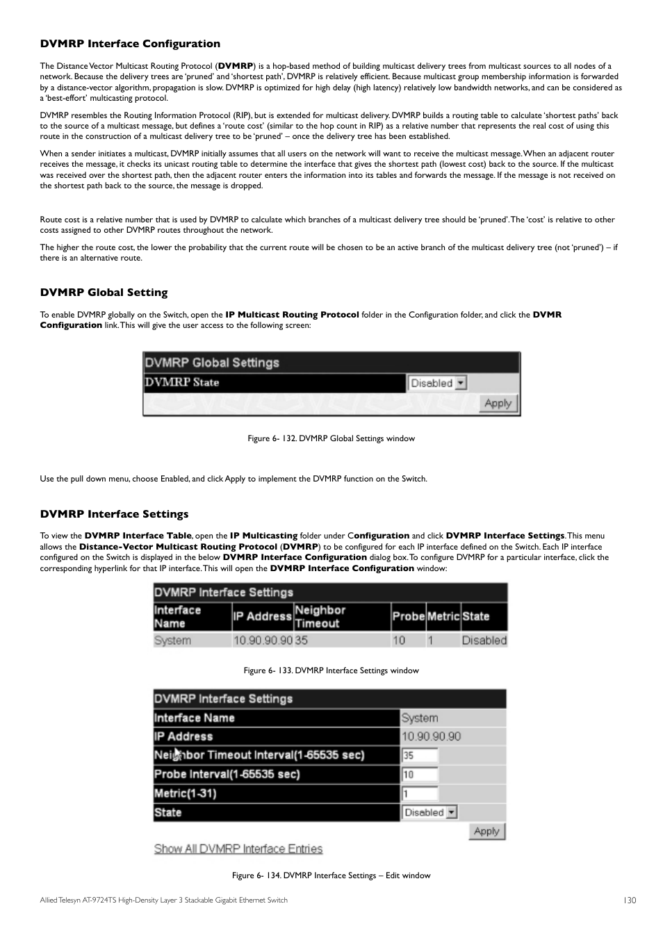 Dvmrp interface configuration, Dvmrp global setting, Dvmrp interface settings | Allied Telesis AT-9724TS User Manual | Page 131 / 197