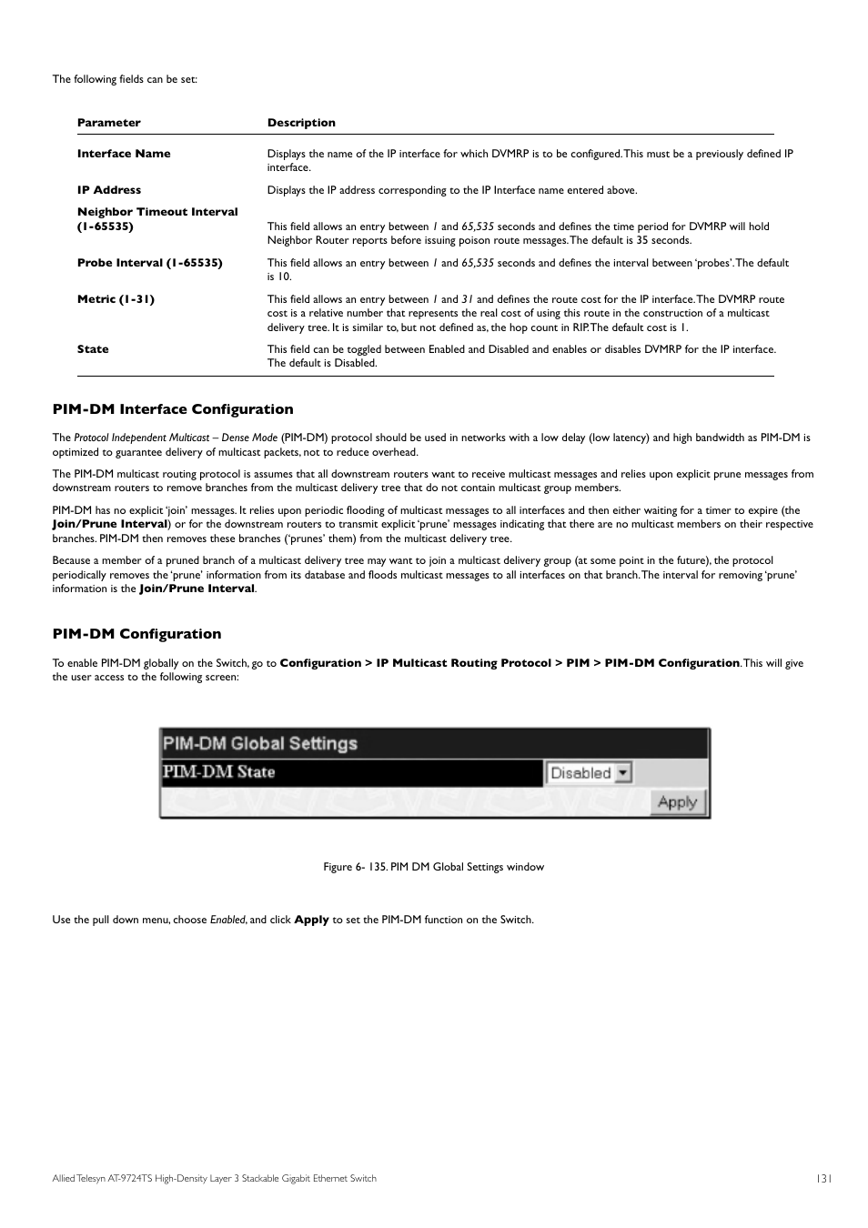 Pim-dm interface configuration, Pim-dm configuration | Allied Telesis AT-9724TS User Manual | Page 132 / 197