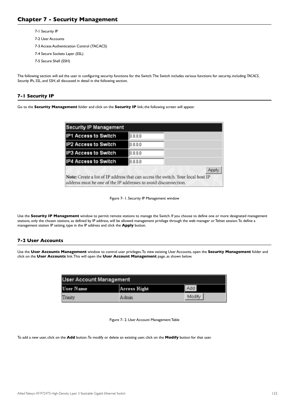 Chapter 7 - security management | Allied Telesis AT-9724TS User Manual | Page 134 / 197