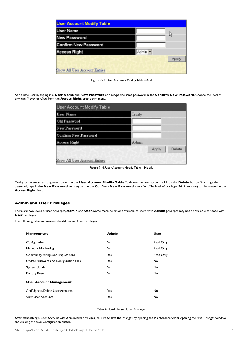 Admin and user privileges | Allied Telesis AT-9724TS User Manual | Page 135 / 197