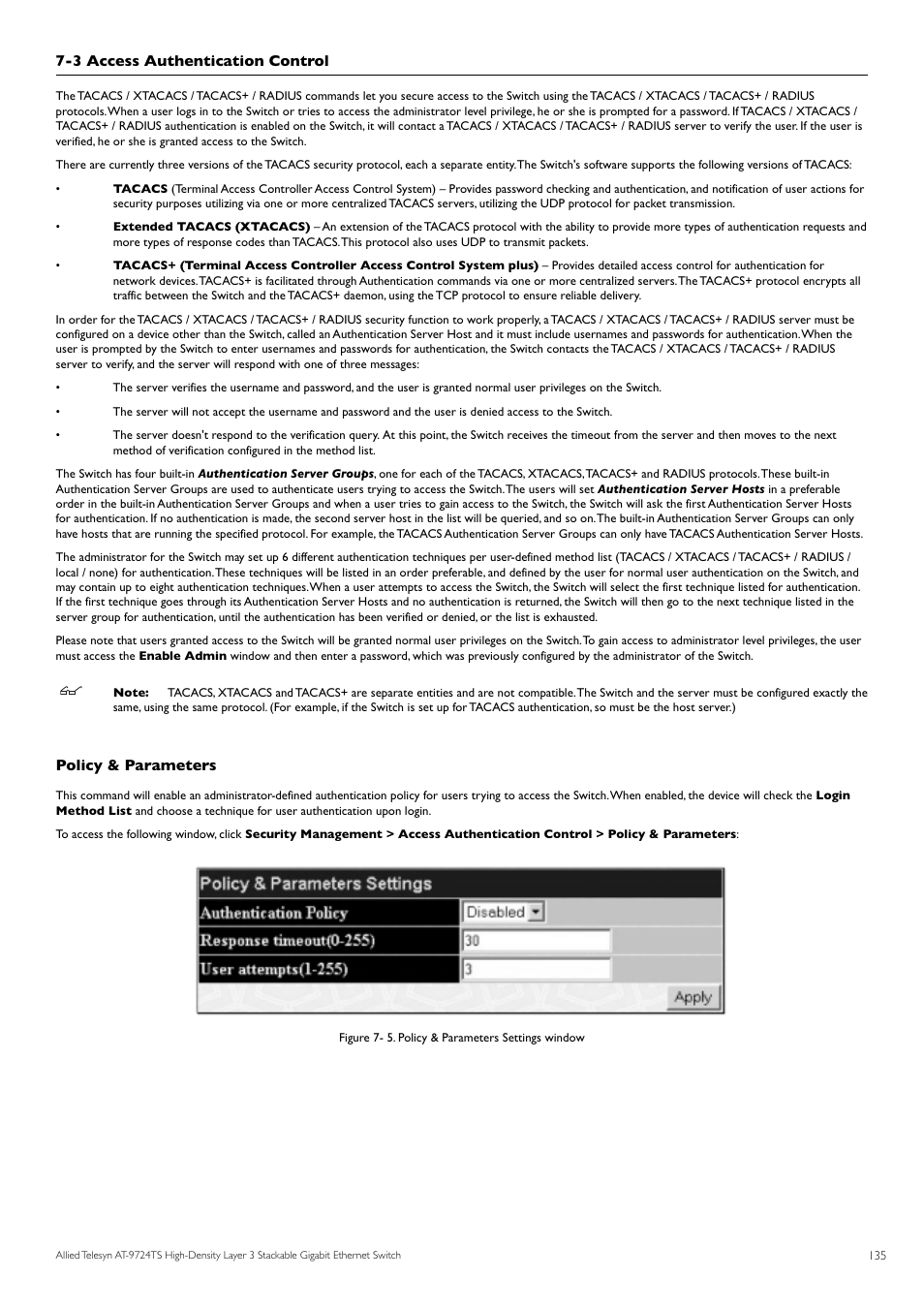 3 access authentication control, Policy & parameters | Allied Telesis AT-9724TS User Manual | Page 136 / 197