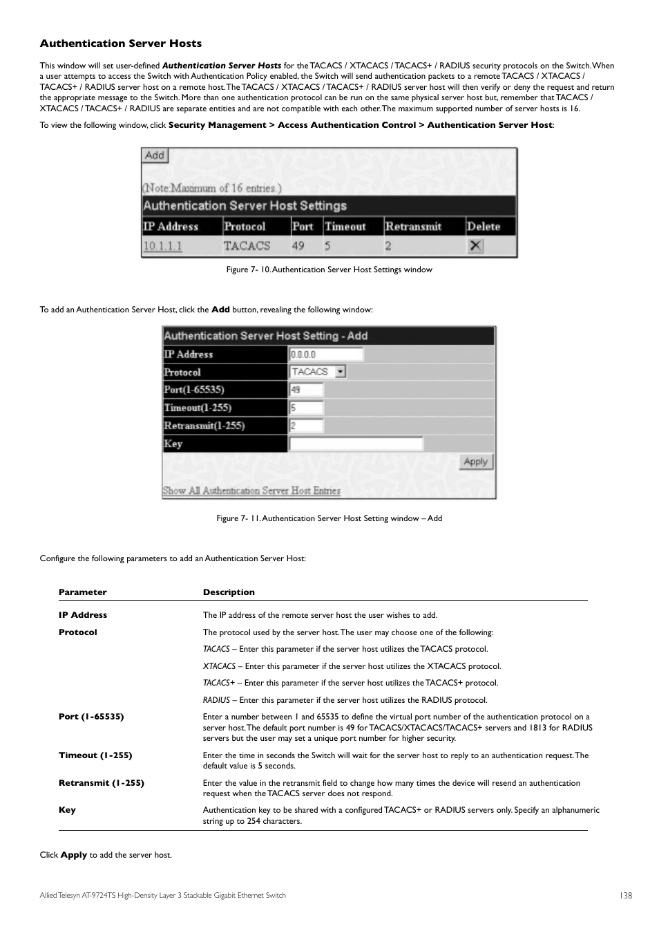 Authentication server hosts | Allied Telesis AT-9724TS User Manual | Page 139 / 197
