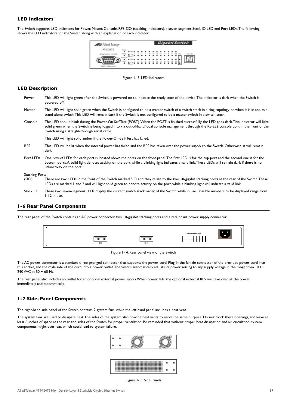 Led indicators, Led description, 6 rear panel components | 7 side-panel components | Allied Telesis AT-9724TS User Manual | Page 14 / 197