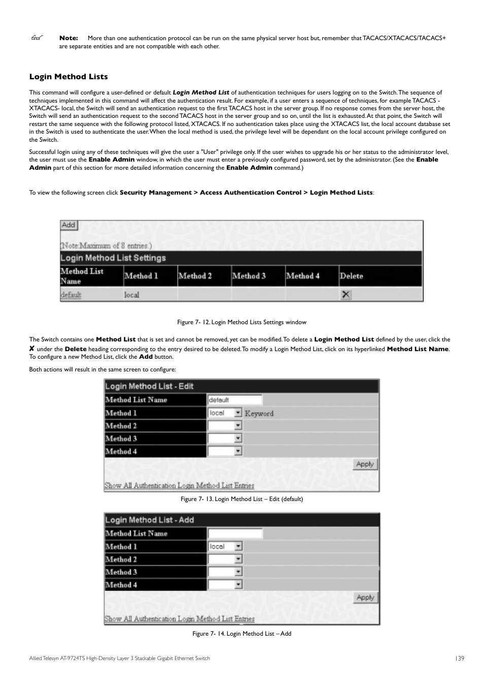 Login method lists | Allied Telesis AT-9724TS User Manual | Page 140 / 197