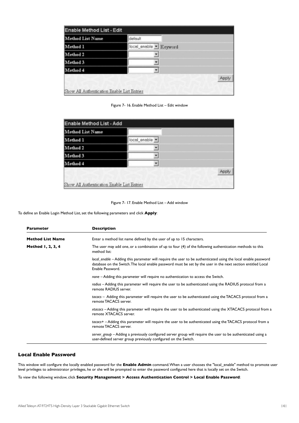 Local enable password | Allied Telesis AT-9724TS User Manual | Page 142 / 197