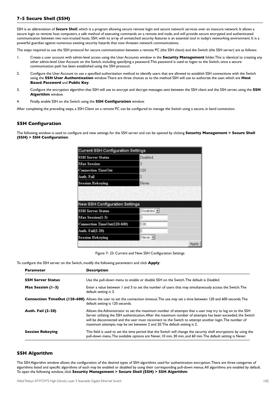 5 secure shell (ssh), Ssh configuration, Ssh algorithm | Allied Telesis AT-9724TS User Manual | Page 146 / 197