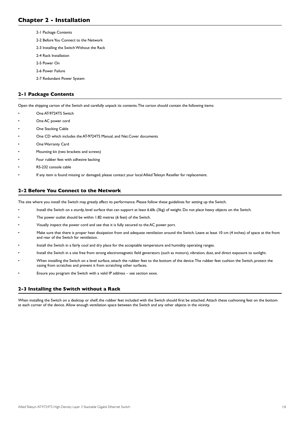 Chapter 2 - installation, 1 package contents, 2 before you connect to the network | 3 installing the switch without a rack | Allied Telesis AT-9724TS User Manual | Page 15 / 197