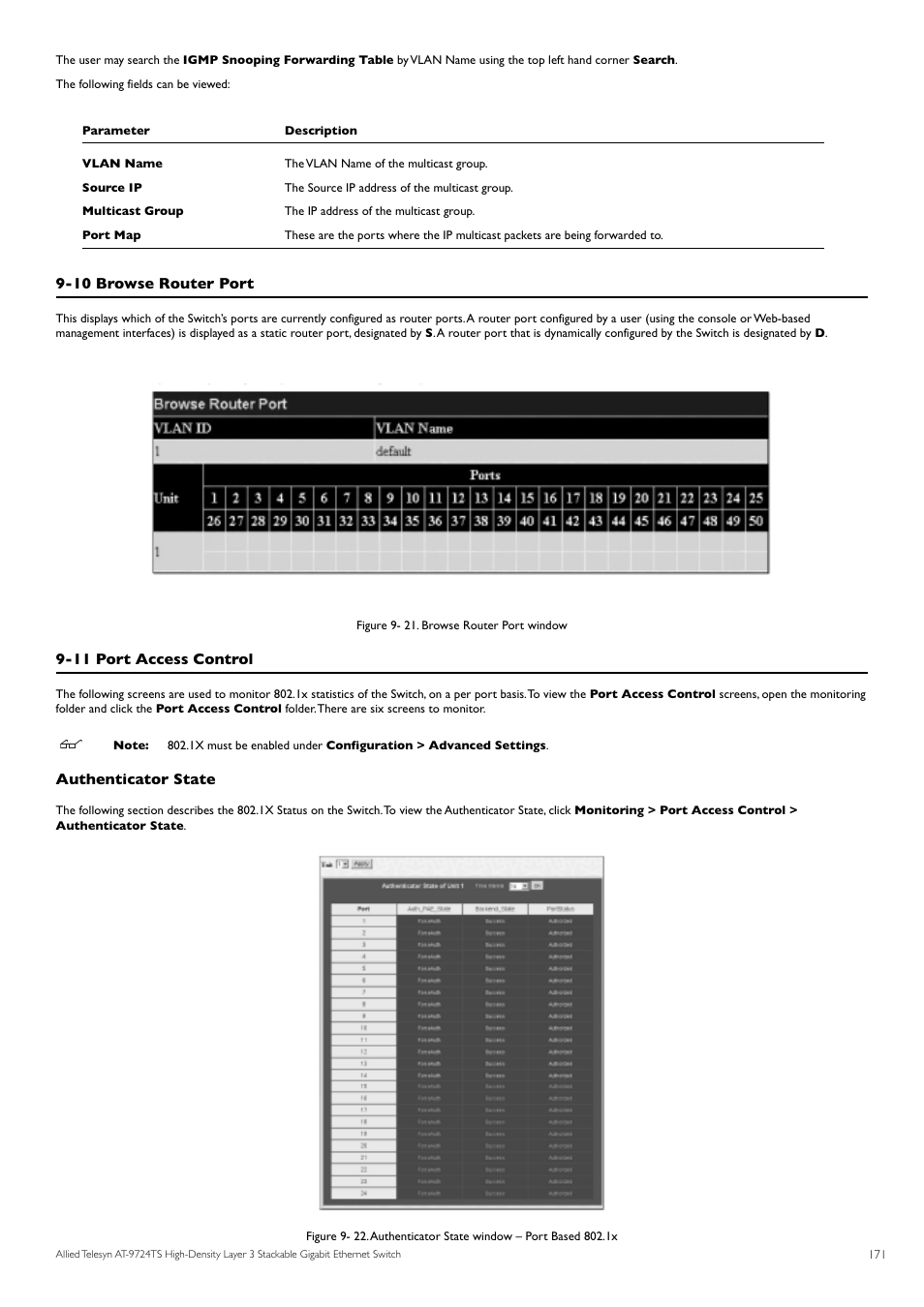 10 browse router port, 11 port access control, Authenticator state | Allied Telesis AT-9724TS User Manual | Page 172 / 197