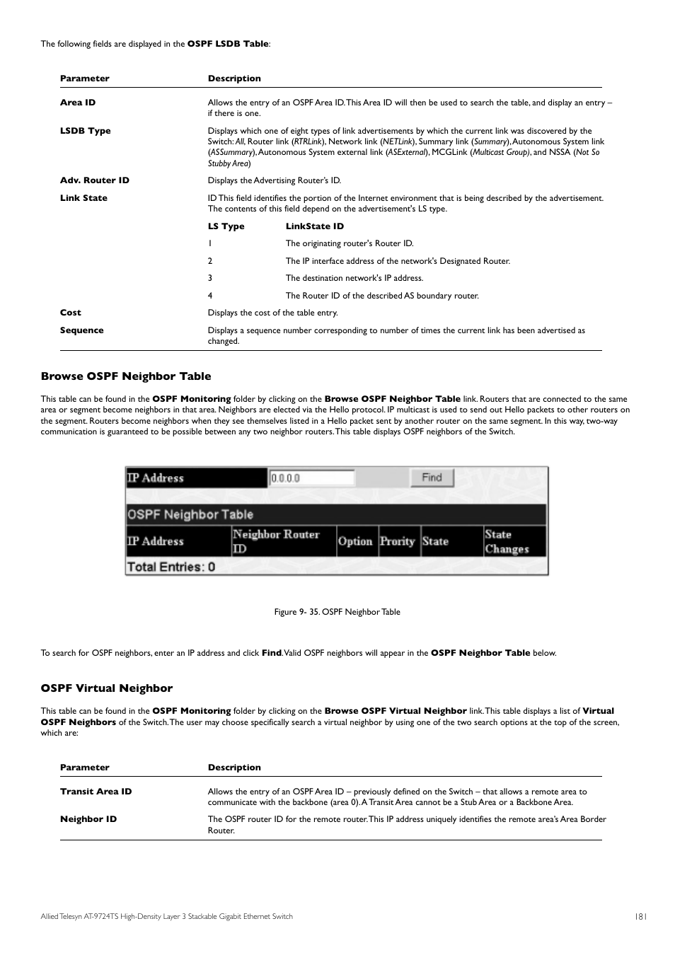 Browse ospf neighbor table, Ospf virtual neighbor | Allied Telesis AT-9724TS User Manual | Page 182 / 197