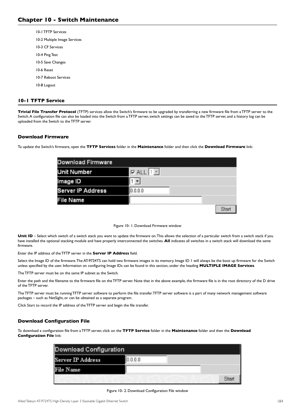 Chapter 10 - switch maintenance | Allied Telesis AT-9724TS User Manual | Page 185 / 197