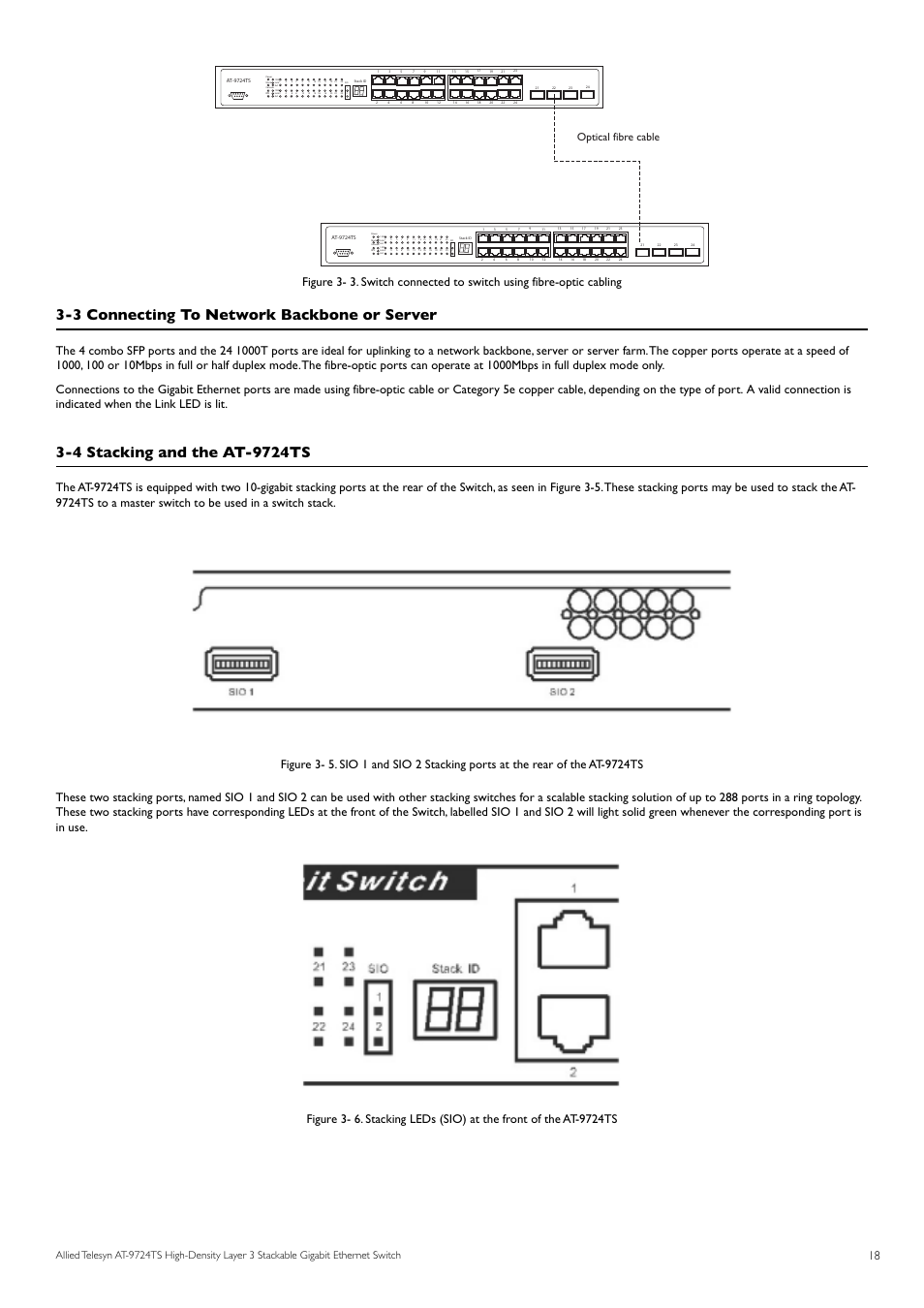 3 connecting to network backbone or server, Optical fibre cable | Allied Telesis AT-9724TS User Manual | Page 19 / 197