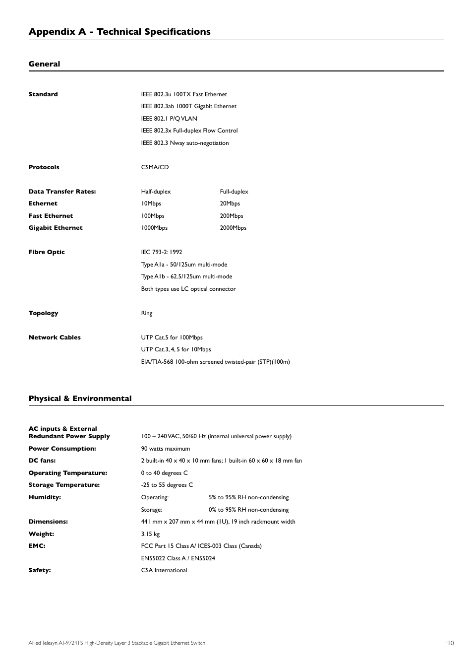 Appendix a - technical specifications, General, Physical & environmental | Allied Telesis AT-9724TS User Manual | Page 191 / 197