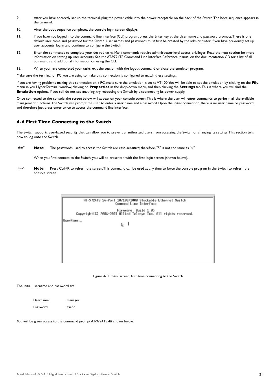 6 first time connecting to the switch | Allied Telesis AT-9724TS User Manual | Page 22 / 197