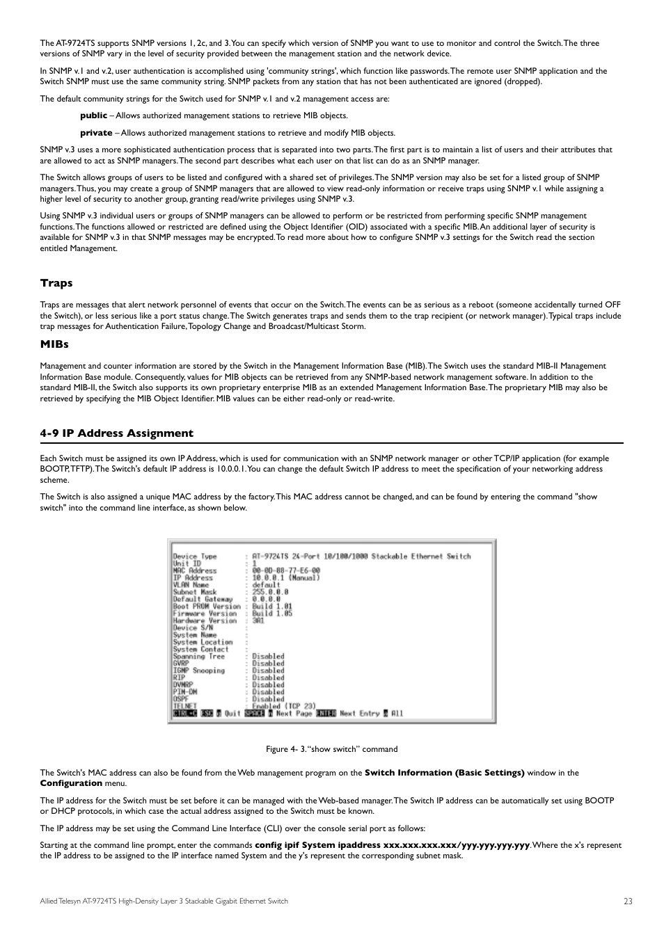 Traps, Mibs, 9 ip address assignment | Allied Telesis AT-9724TS User Manual | Page 24 / 197