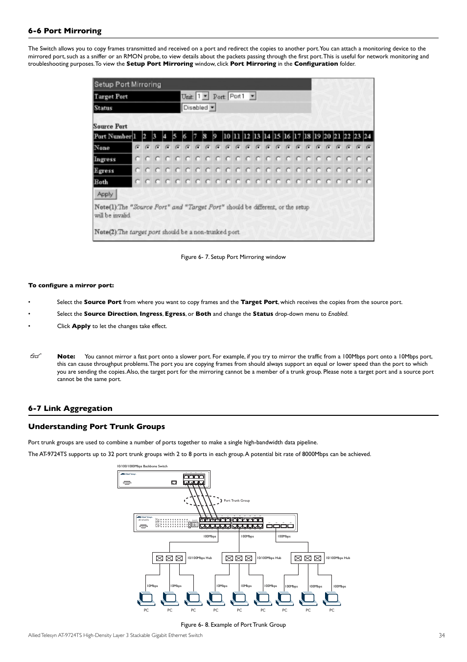 6 port mirroring, 7 link aggregation understanding port trunk groups | Allied Telesis AT-9724TS User Manual | Page 35 / 197