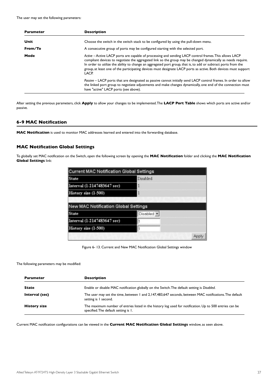 9 mac notification, Mac notification global settings | Allied Telesis AT-9724TS User Manual | Page 38 / 197