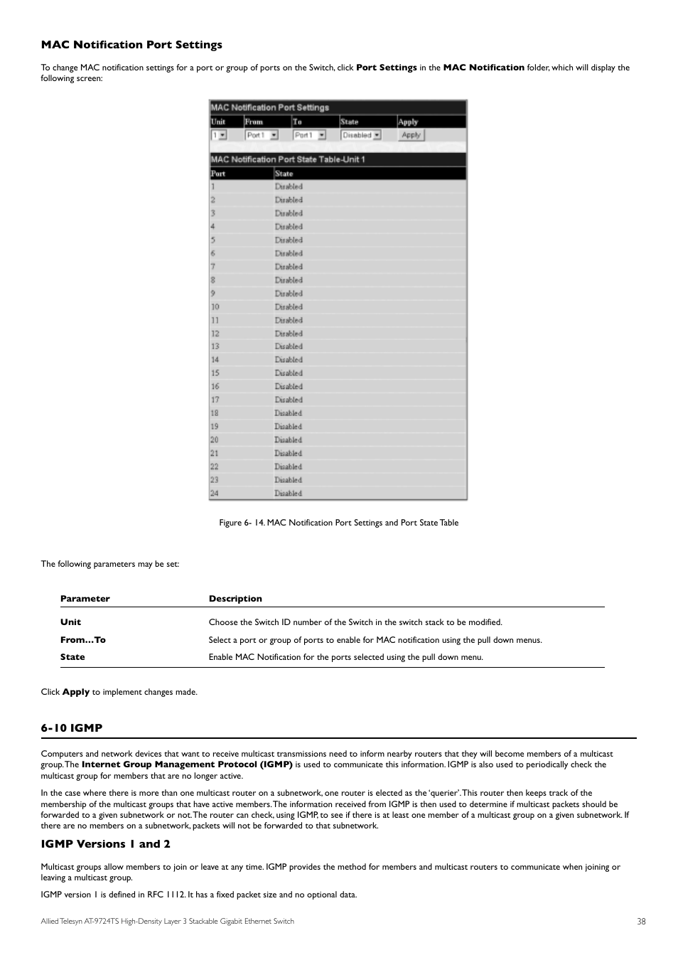 Mac notification port settings, 10 igmp, Igmp versions 1 and 2 | Allied Telesis AT-9724TS User Manual | Page 39 / 197
