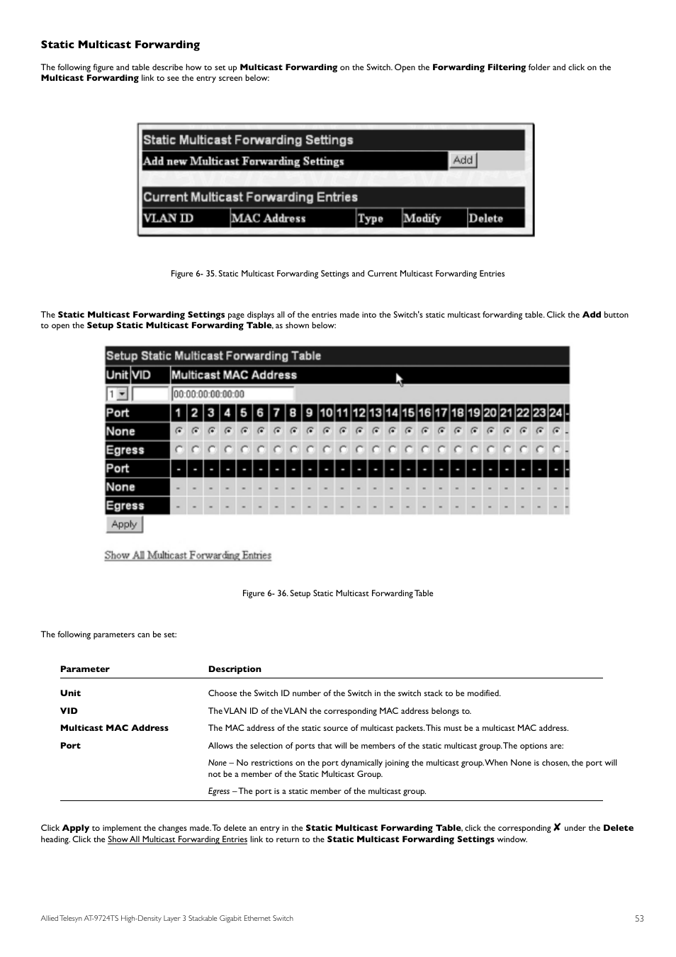Static multicast forwarding | Allied Telesis AT-9724TS User Manual | Page 54 / 197