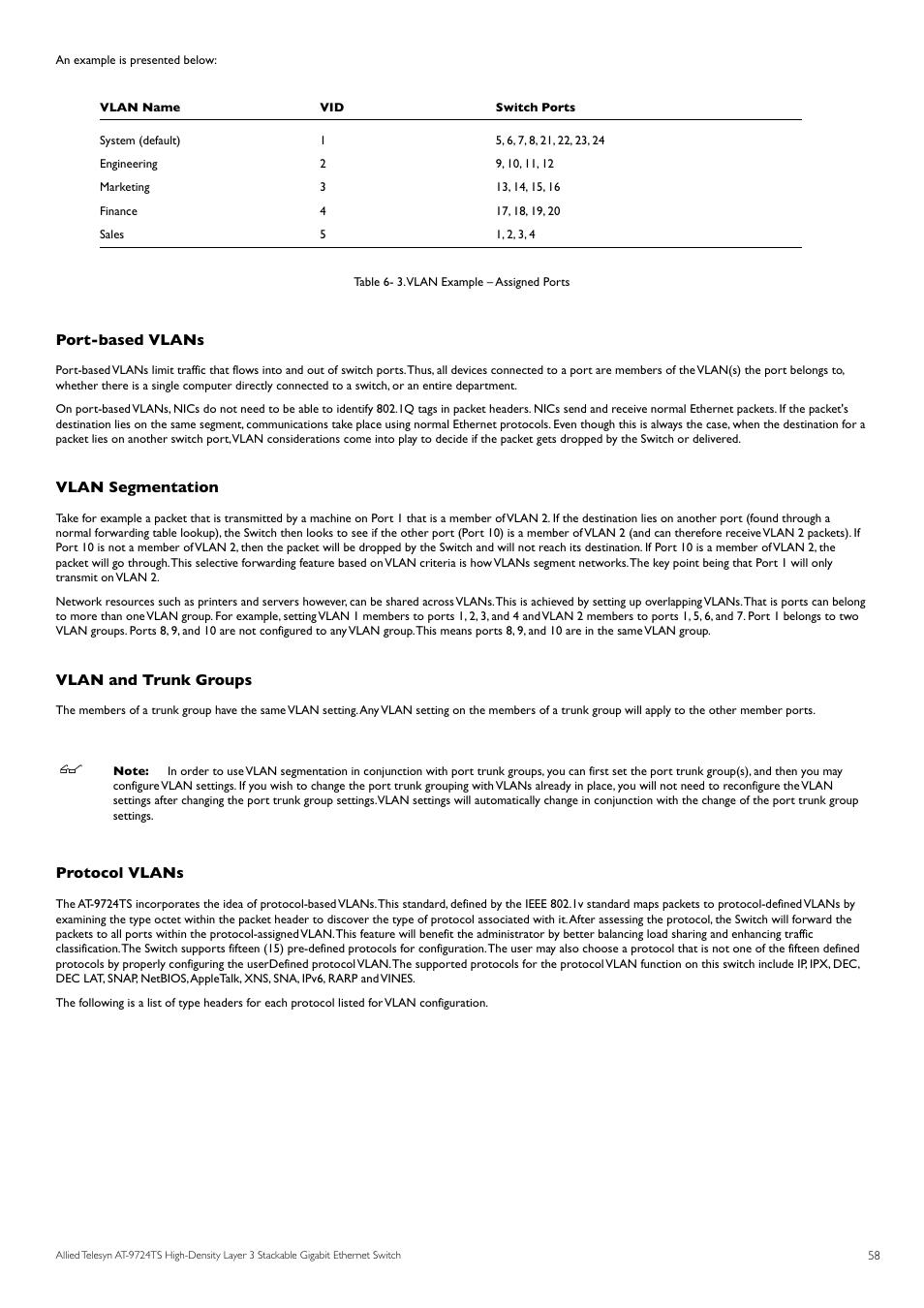 Port-based vlans, Vlan segmentation, Vlan and trunk groups | Protocol vlans | Allied Telesis AT-9724TS User Manual | Page 59 / 197