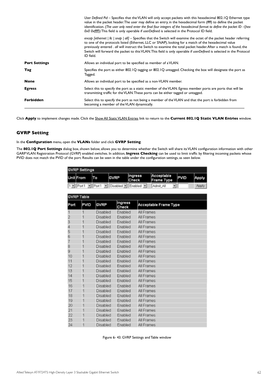 Gvrp setting | Allied Telesis AT-9724TS User Manual | Page 63 / 197