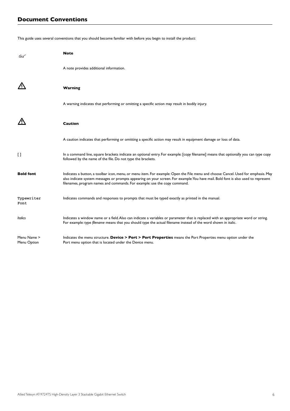 Document conventions | Allied Telesis AT-9724TS User Manual | Page 7 / 197