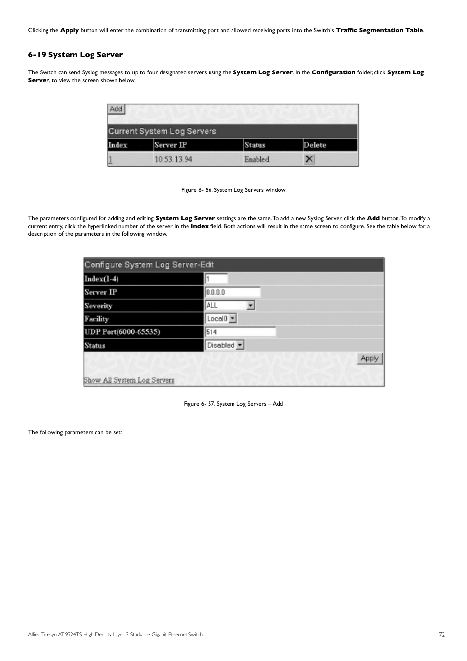 19 system log server | Allied Telesis AT-9724TS User Manual | Page 73 / 197