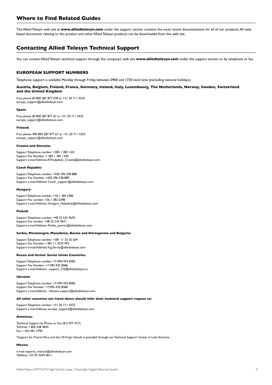 Where to find related guides, Contacting allied telesyn technical support | Allied Telesis AT-9724TS User Manual | Page 8 / 197