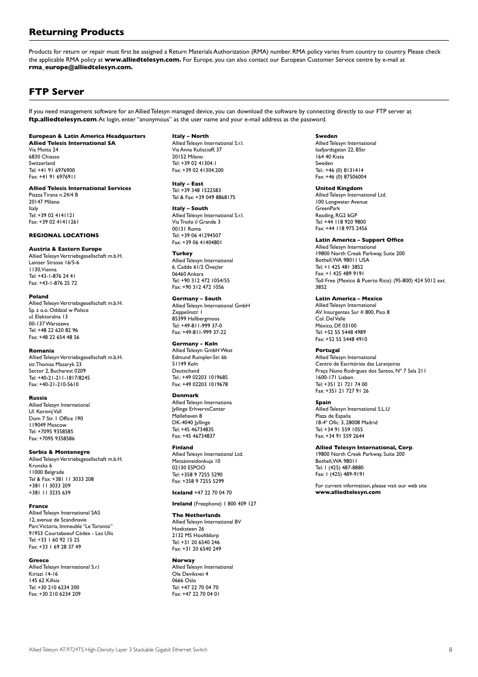 Returning products, Ftp server | Allied Telesis AT-9724TS User Manual | Page 9 / 197