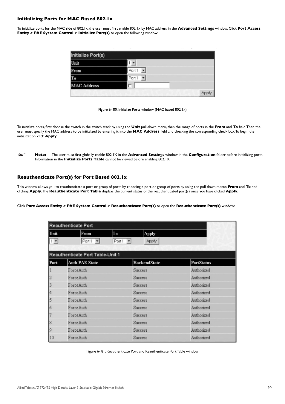 Initializing ports for mac based 802.1x, Reauthenticate port(s) for port based 802.1x | Allied Telesis AT-9724TS User Manual | Page 91 / 197