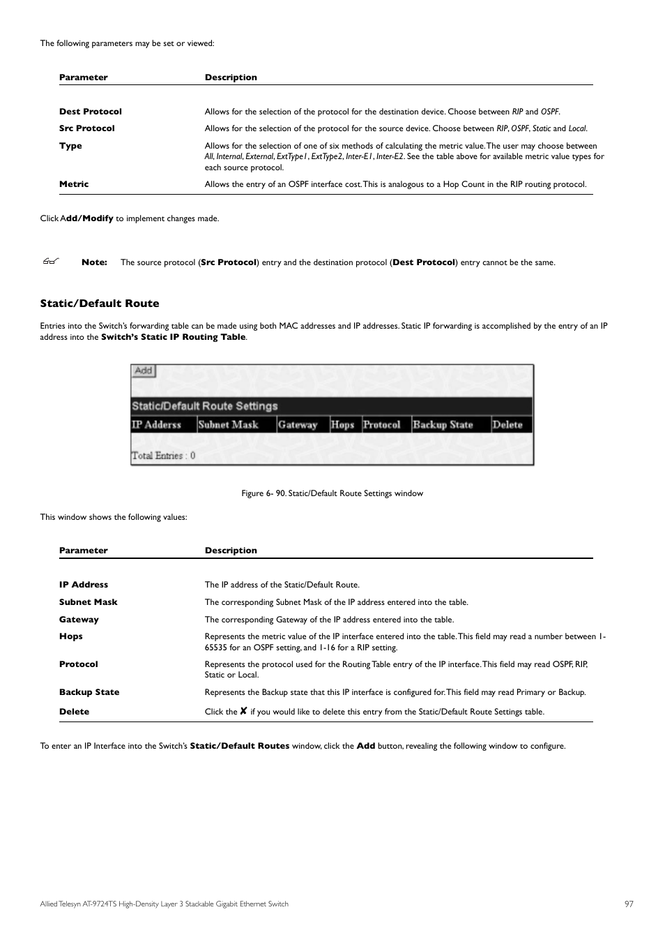 Static/default route | Allied Telesis AT-9724TS User Manual | Page 98 / 197