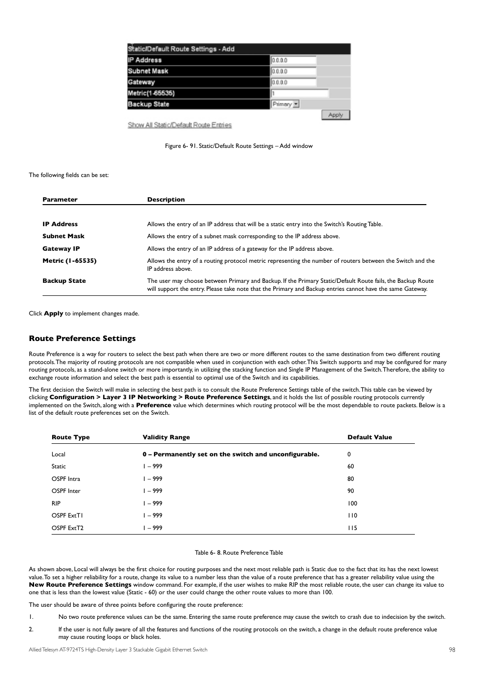 Route preference settings | Allied Telesis AT-9724TS User Manual | Page 99 / 197