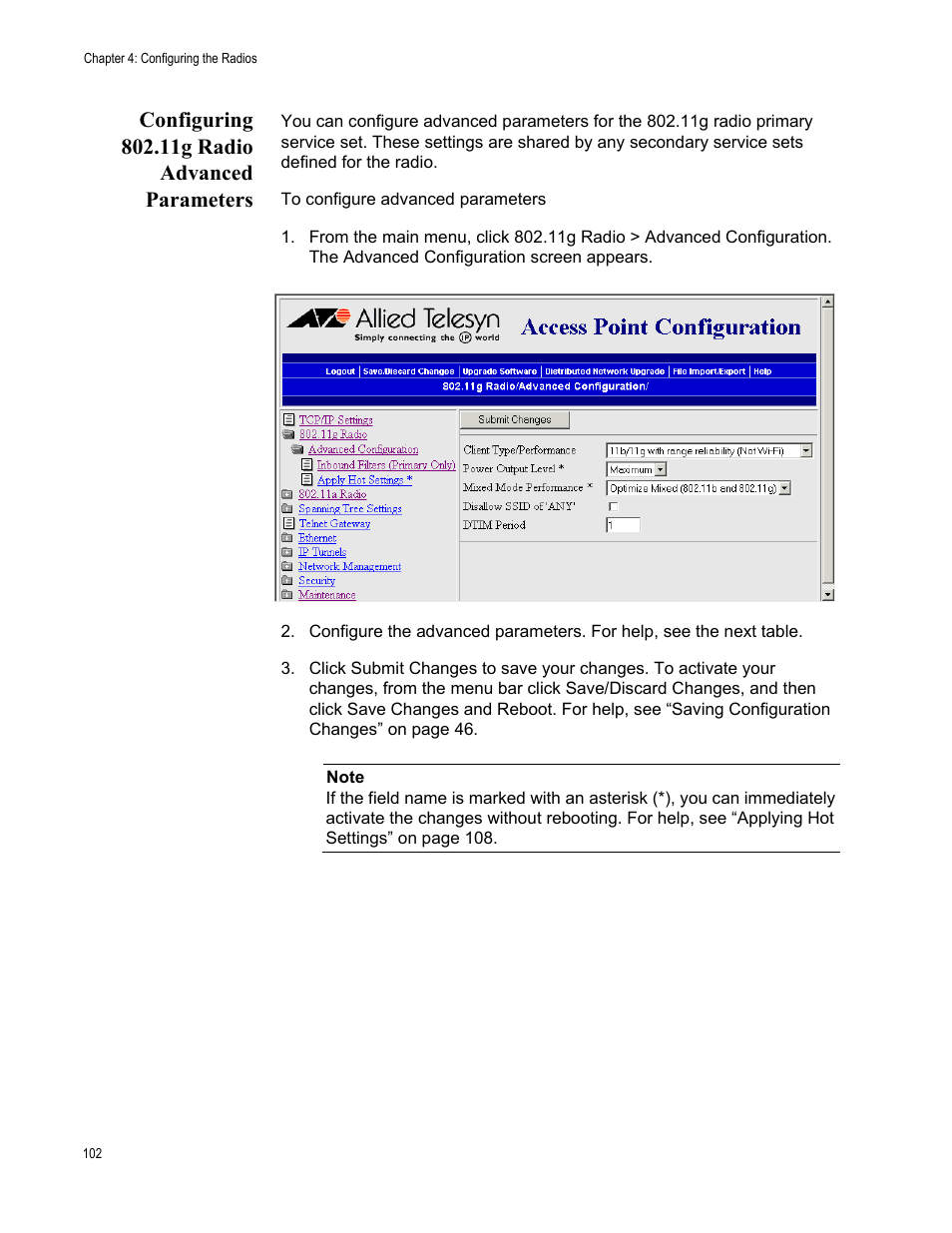Configuring 802.11g radio advanced parameters | Allied Telesis AT-WA7501 User Manual | Page 102 / 339