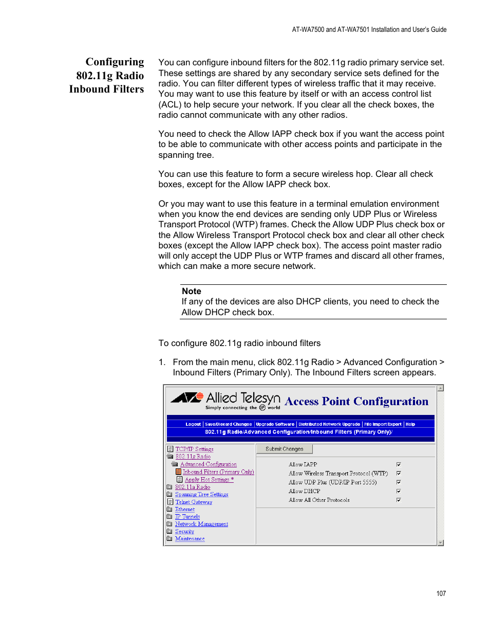 Configuring 802.11g radio inbound filters, For help, see “configuring | Allied Telesis AT-WA7501 User Manual | Page 107 / 339